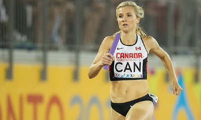 Brianne Theisen-Eaton : Bien concentrée dans sa course, le 4 x 400 mètres relais, aux Jeux panaméricains de 2015.