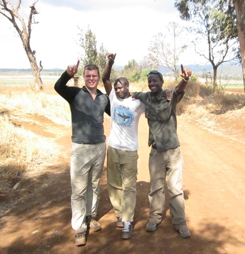 The end of the 60 km walk. The three walkers are quite satisfied by their long walk.